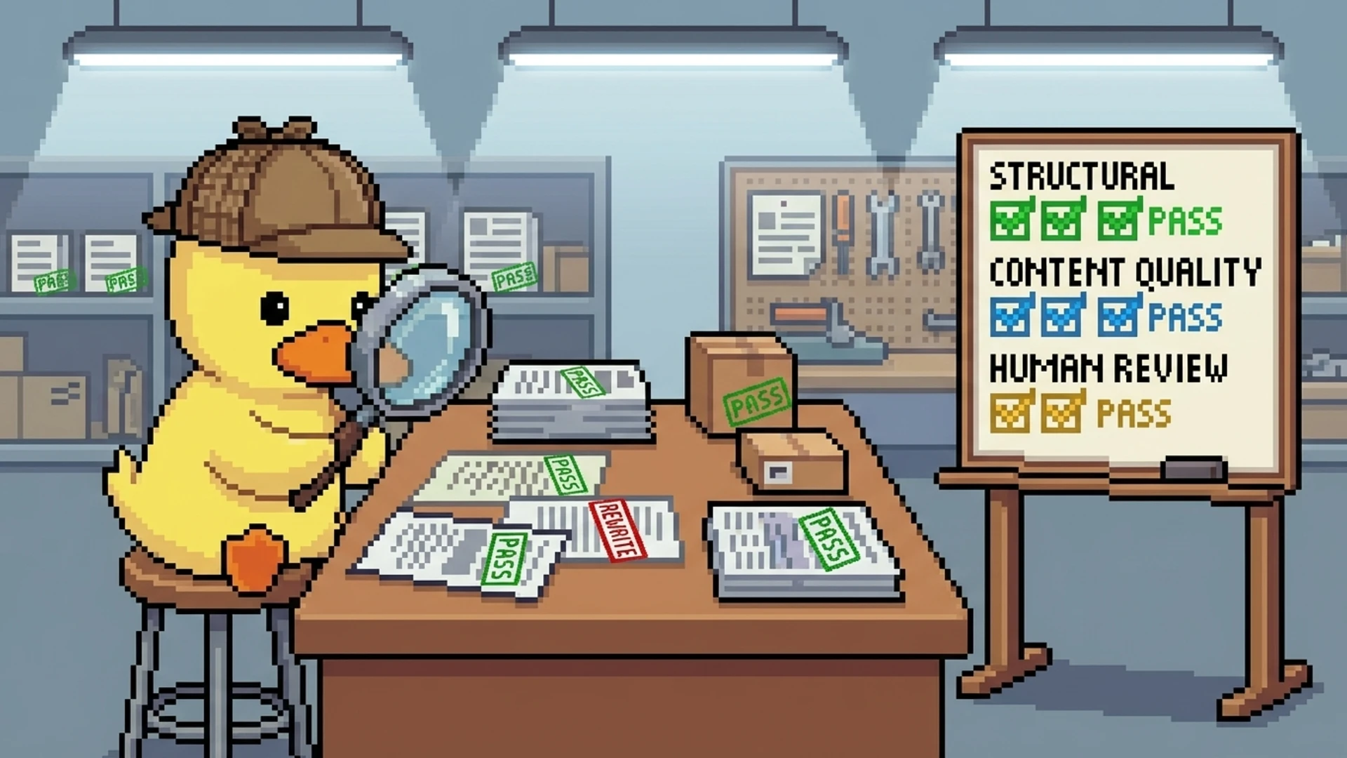 Duck inspector examining articles with a magnifying glass next to a three-tier quality checklist