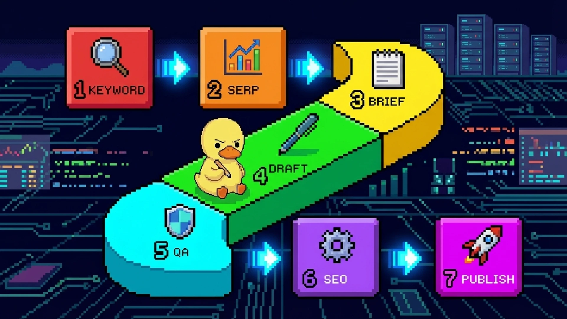 Infographic showing seven connected steps from keyword research through publishing with a duck mascot guiding the flow