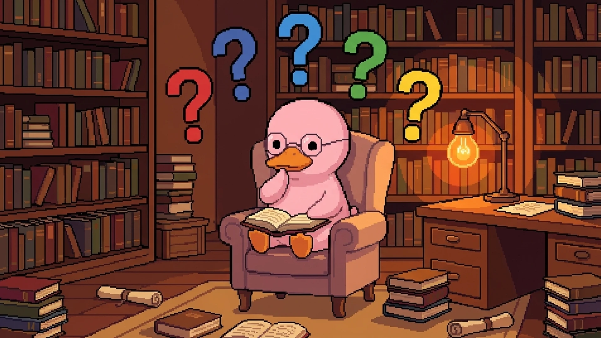 Duck with glasses sitting in a library surrounded by floating question marks and books
