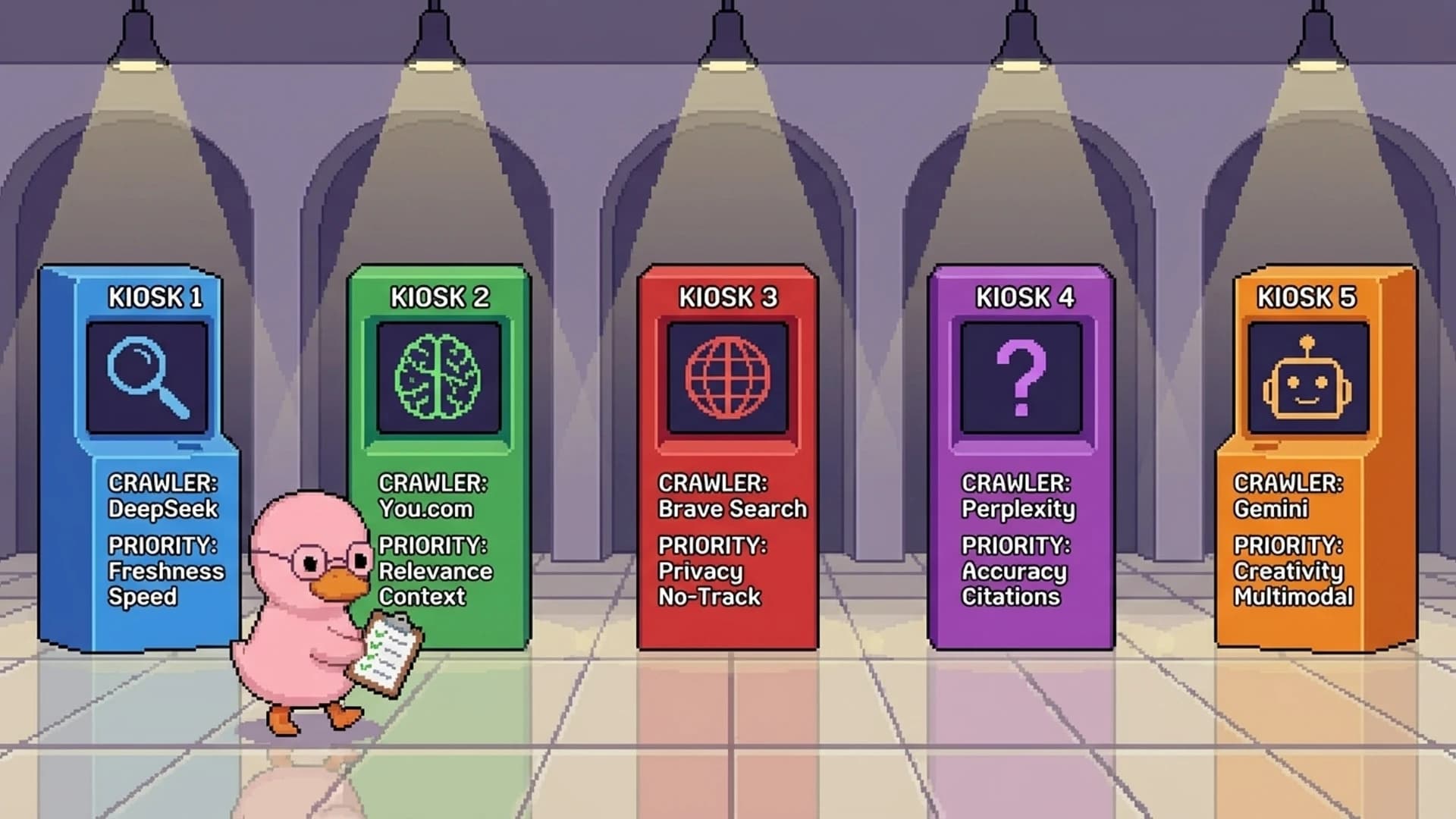 Side by side comparison of five AI search platforms with their crawlers and priorities listed