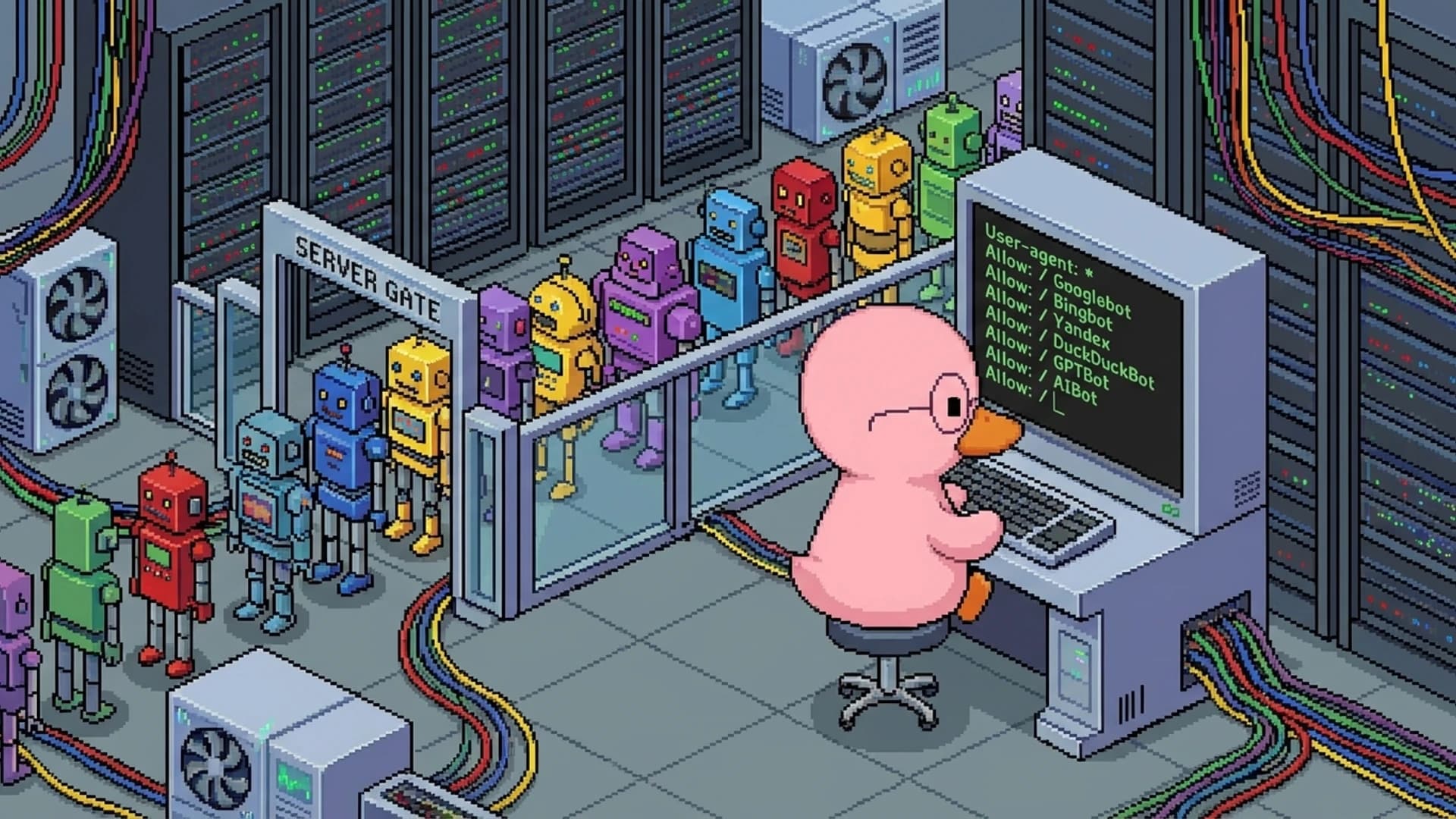 Duck configuring a server terminal with robots.txt rules for multiple AI crawlers