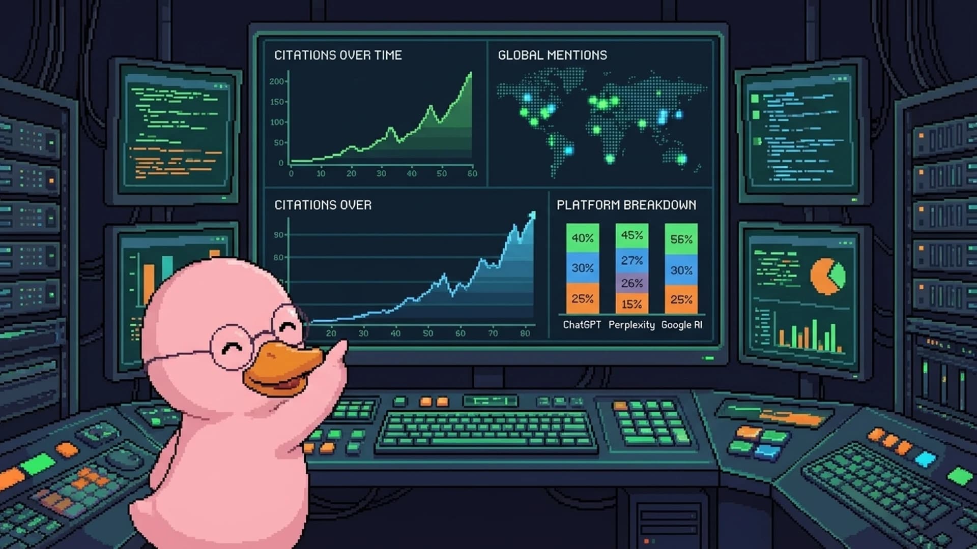 Duck analyzing a dashboard with AI search citation metrics across multiple platforms