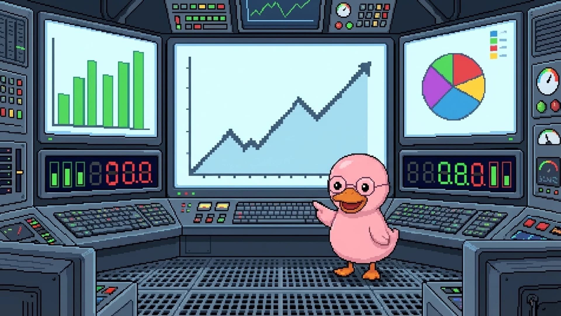 Duck in an analytics control room with multiple screens showing growing charts and dashboards