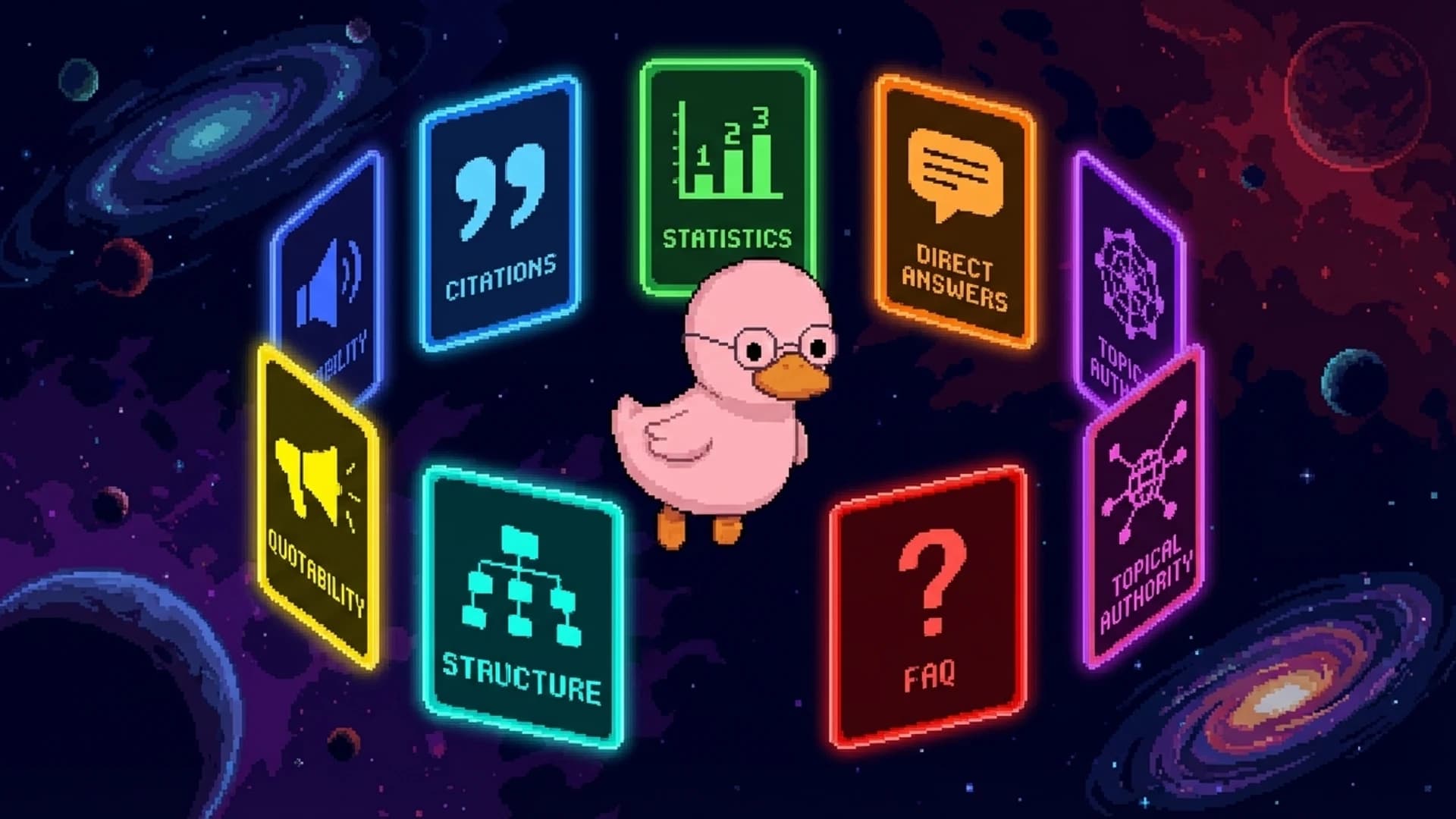 Seven glowing cards floating around a duck each representing a different GEO optimization technique