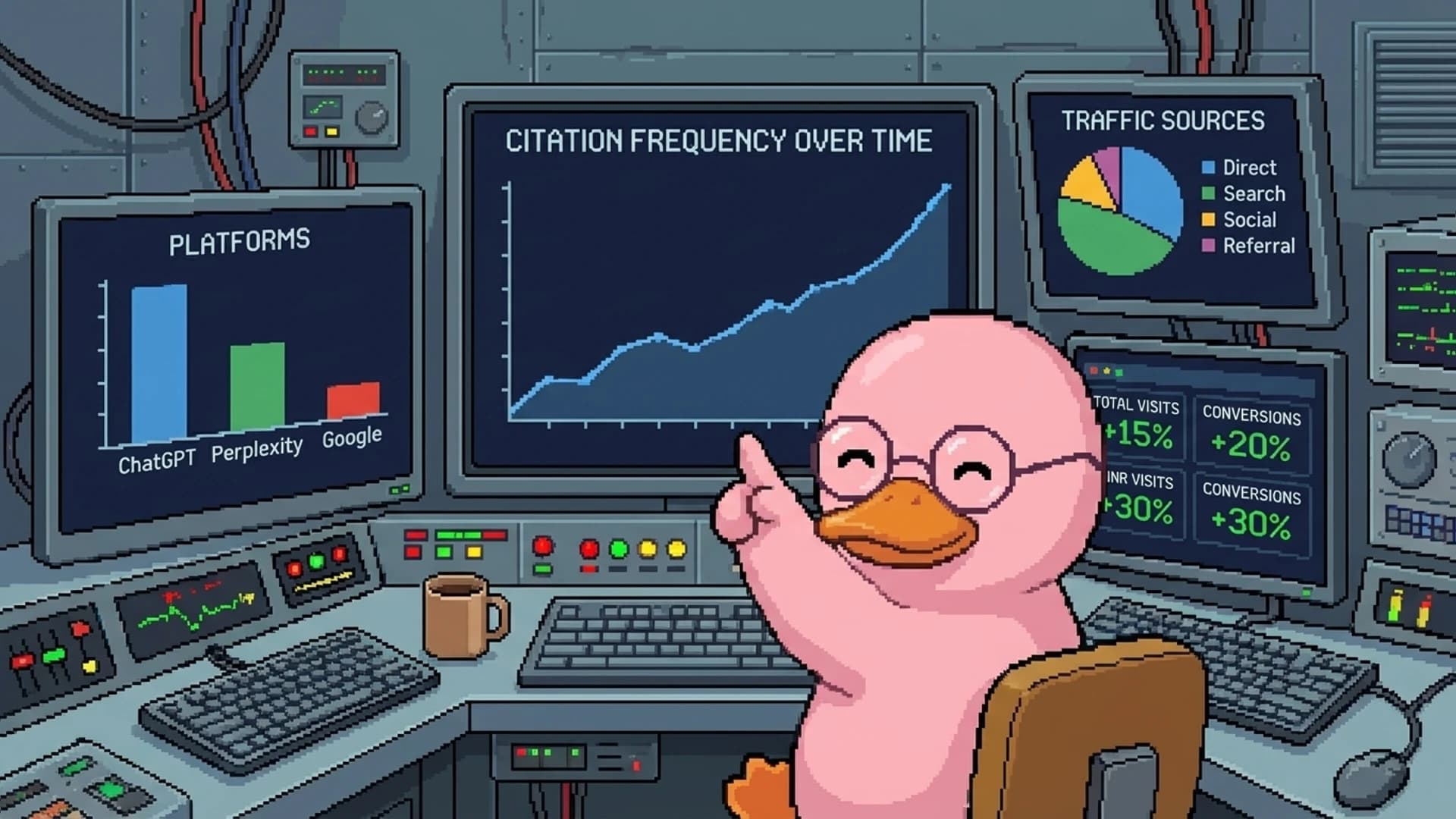 Duck reviewing a dashboard with AI citation metrics charts and platform comparison graphs