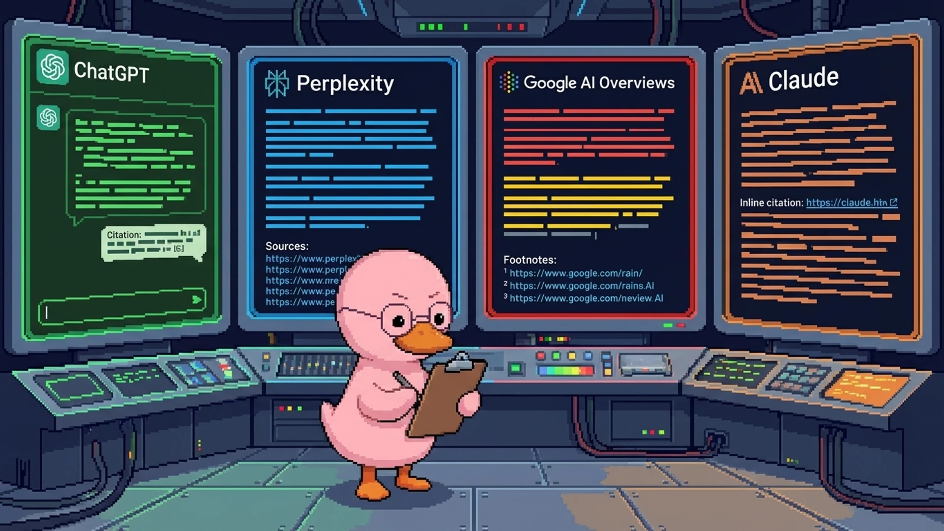 Four AI search engine logos side by side with a duck analyzing their different citation behaviors