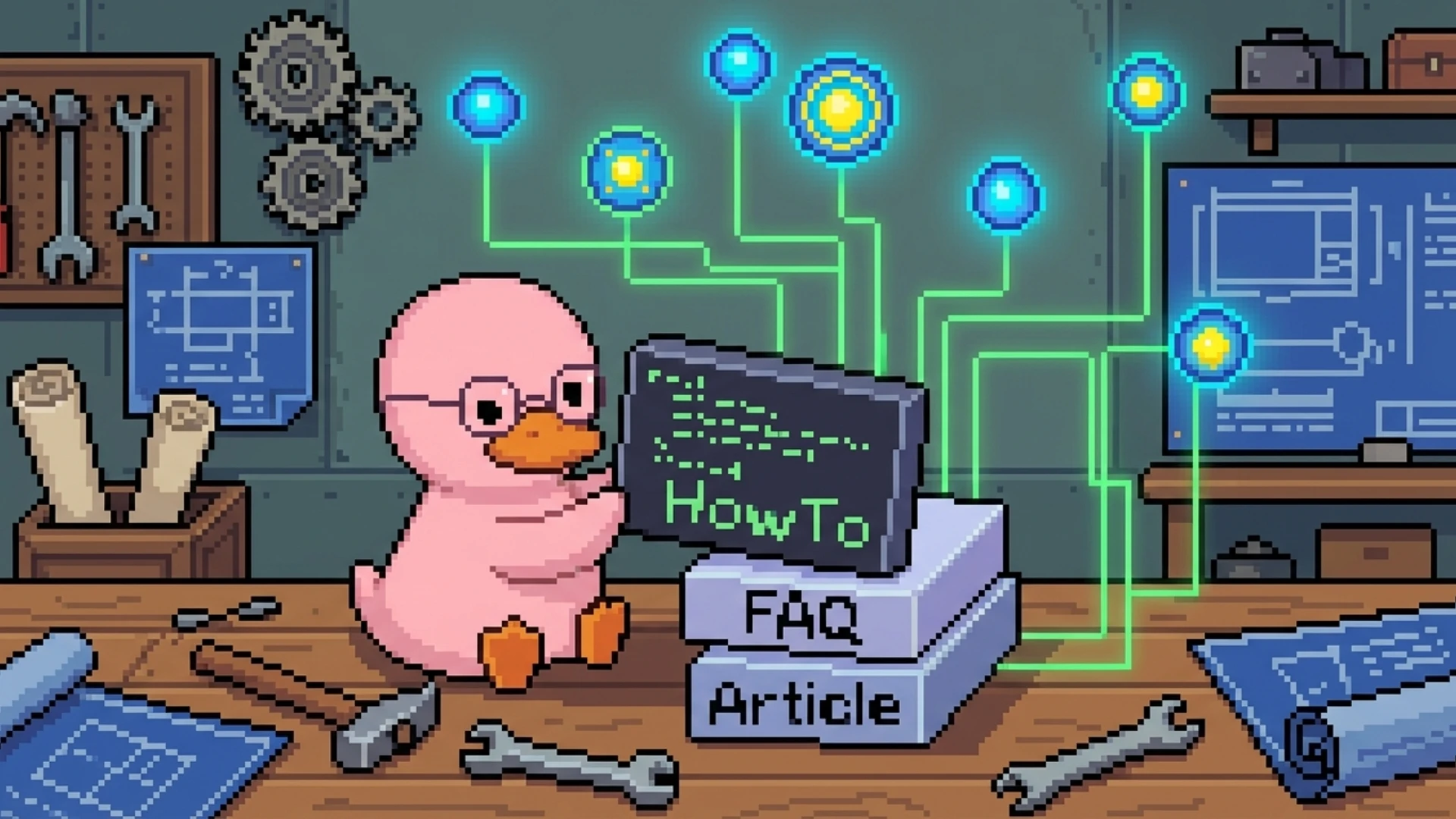 Duck building JSON-LD structured data blocks that connect to glowing AI search engine nodes