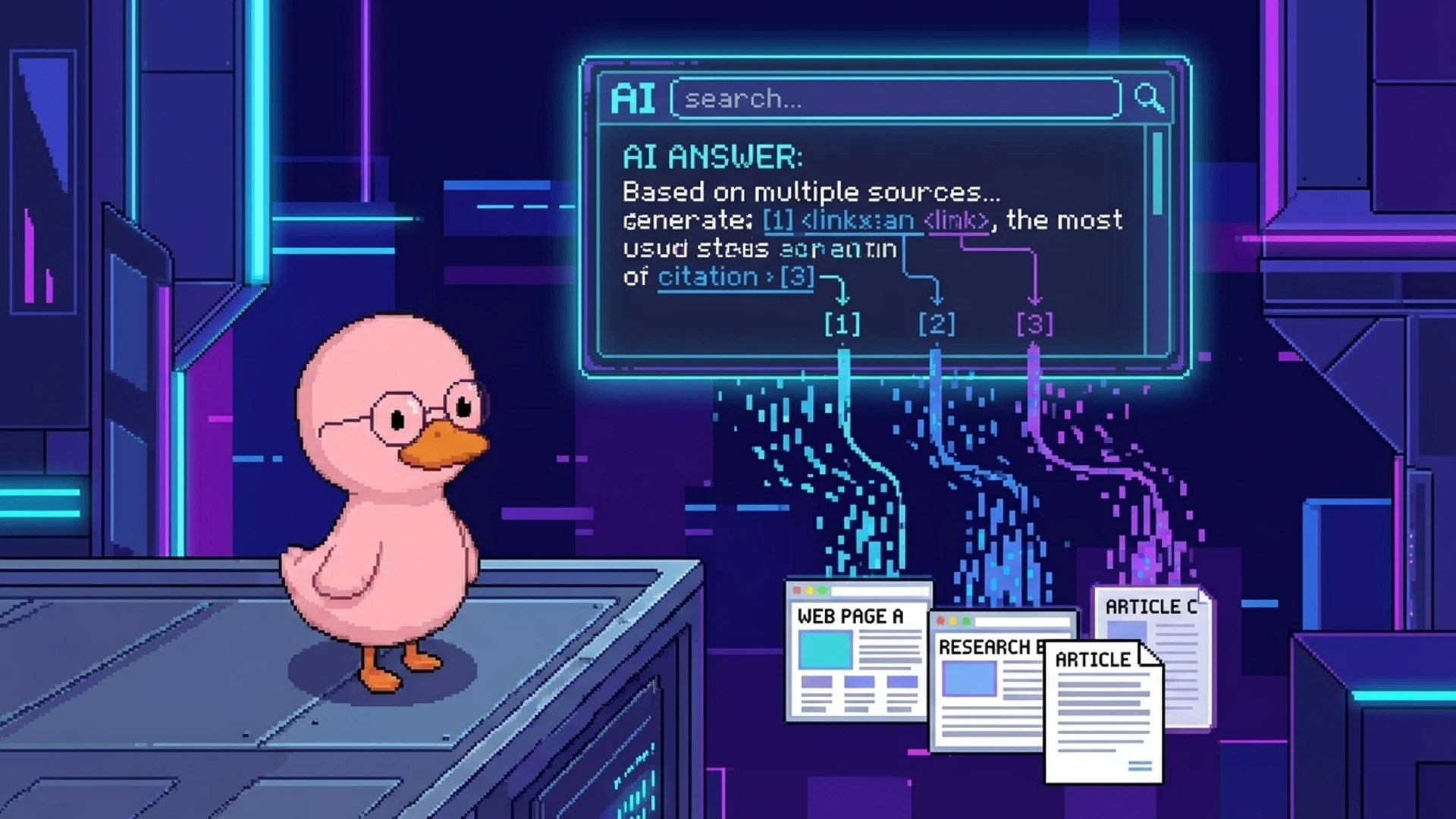 Duck studying a glowing AI search interface with citation links flowing from web pages