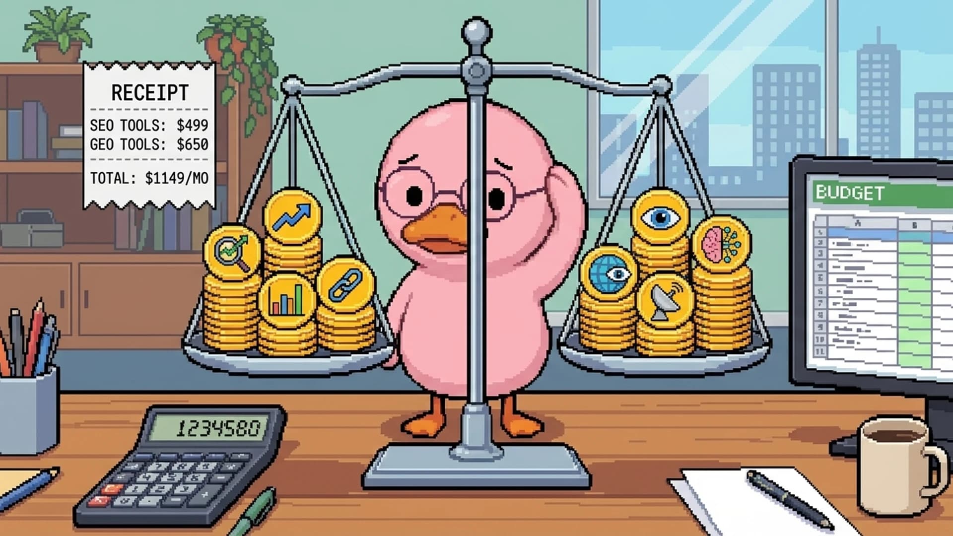 Duck comparing two stacks of coins labeled SEO tools and GEO tools on a balance scale