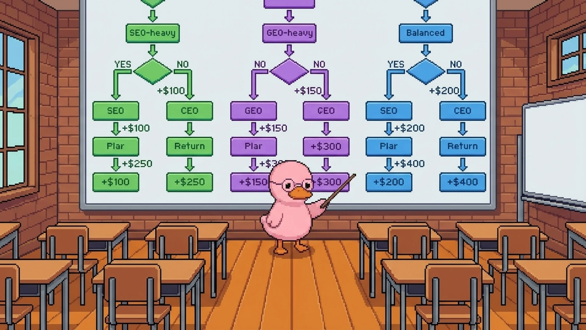 Flowchart showing GEO versus SEO prioritization based on company stage and revenue