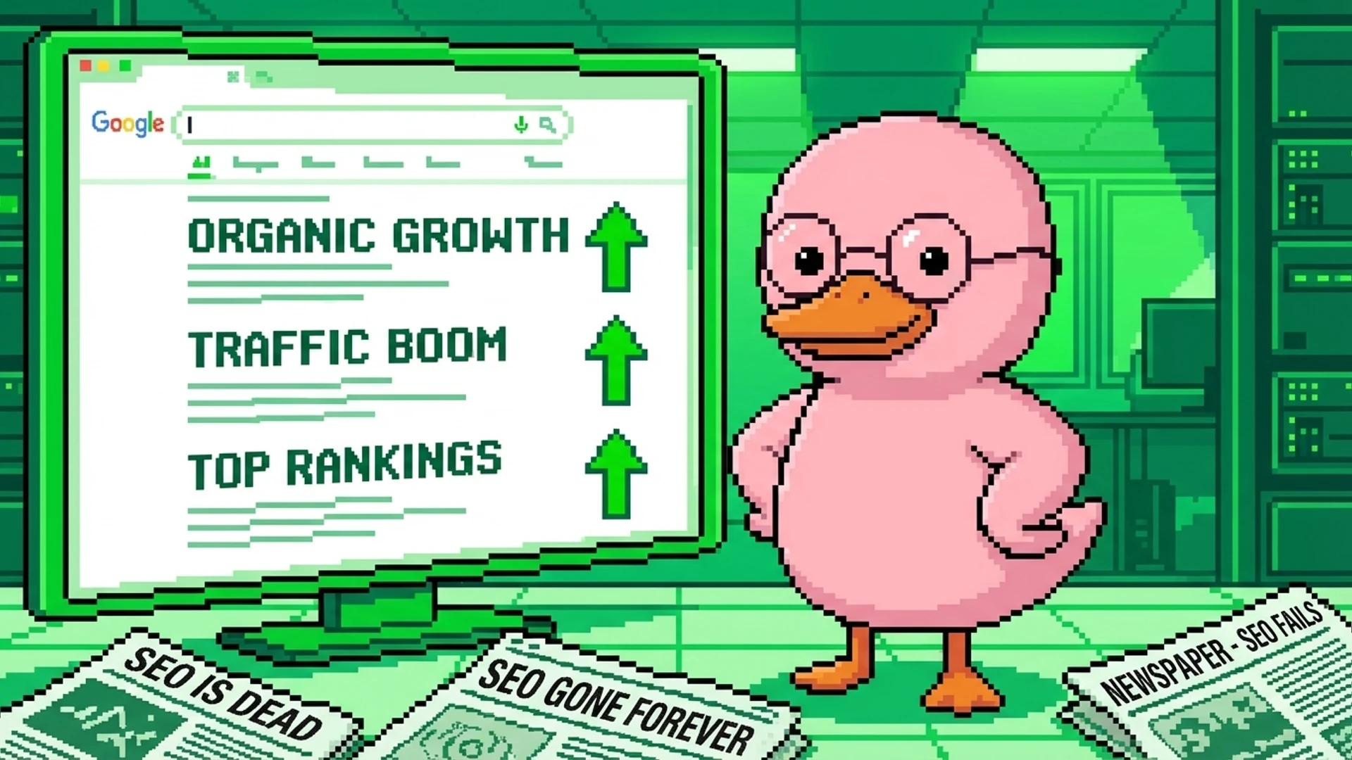 Duck confidently standing next to a thriving search engine results page with green growth arrows