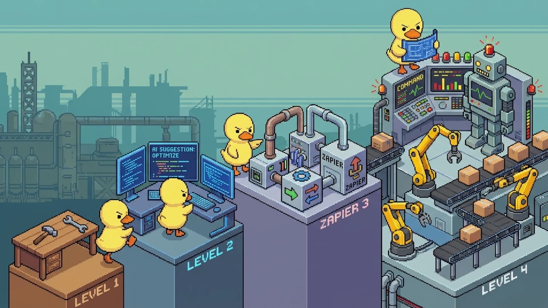 Four escalating platforms showing manual tools evolving into autonomous AI agent systems