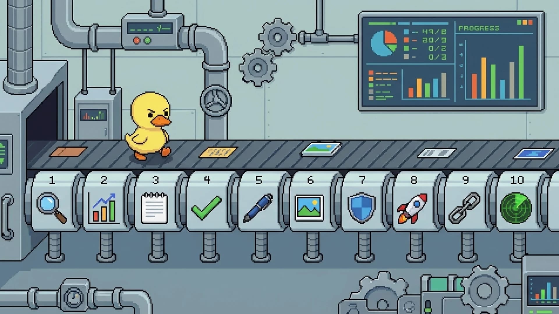 Duck overseeing a ten step automated content pipeline from keyword research to performance monitoring
