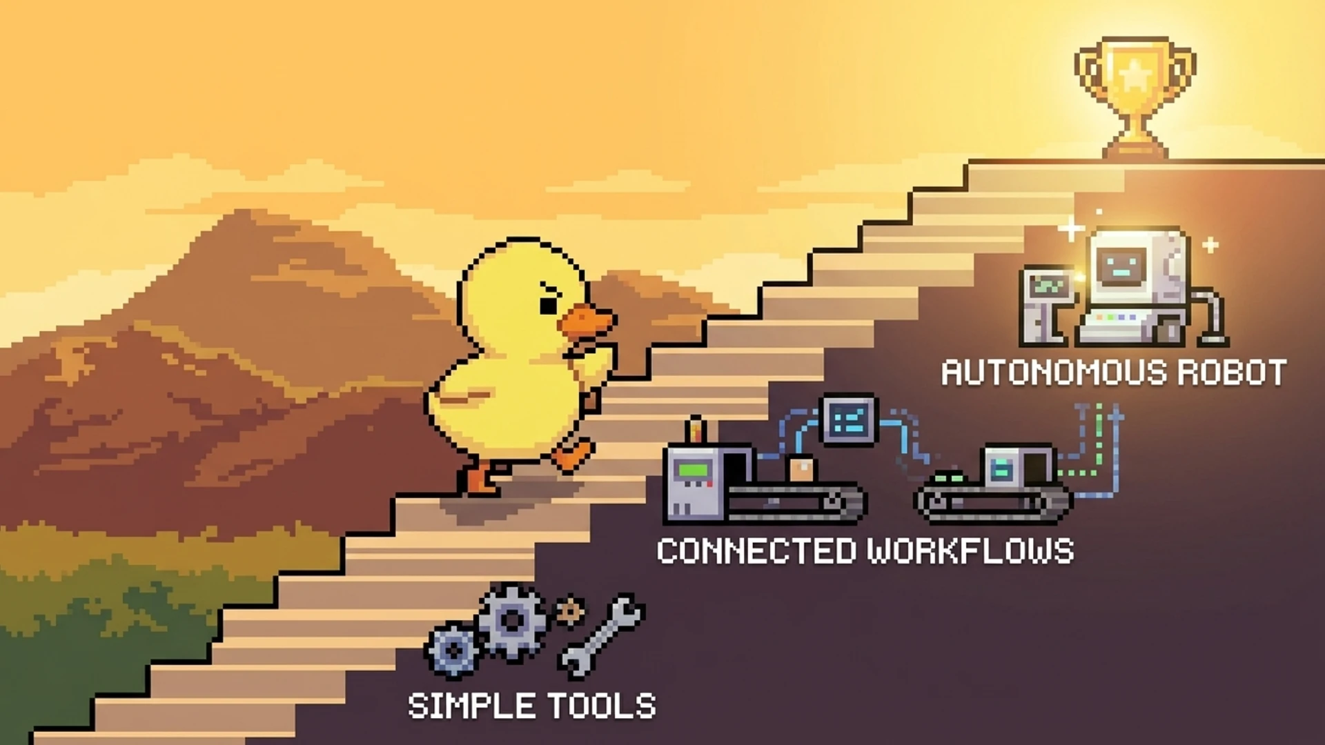 Duck climbing a staircase of automation levels from simple tools to autonomous agents
