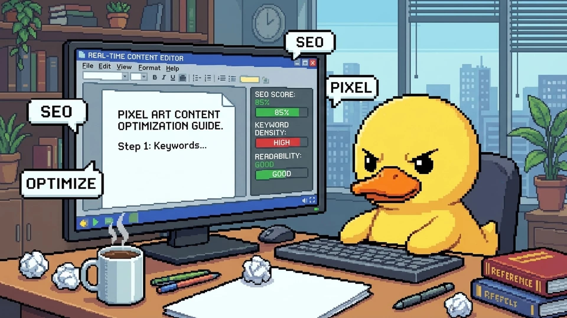 Duck using a real-time content editor with optimization scores and keyword suggestions on screen