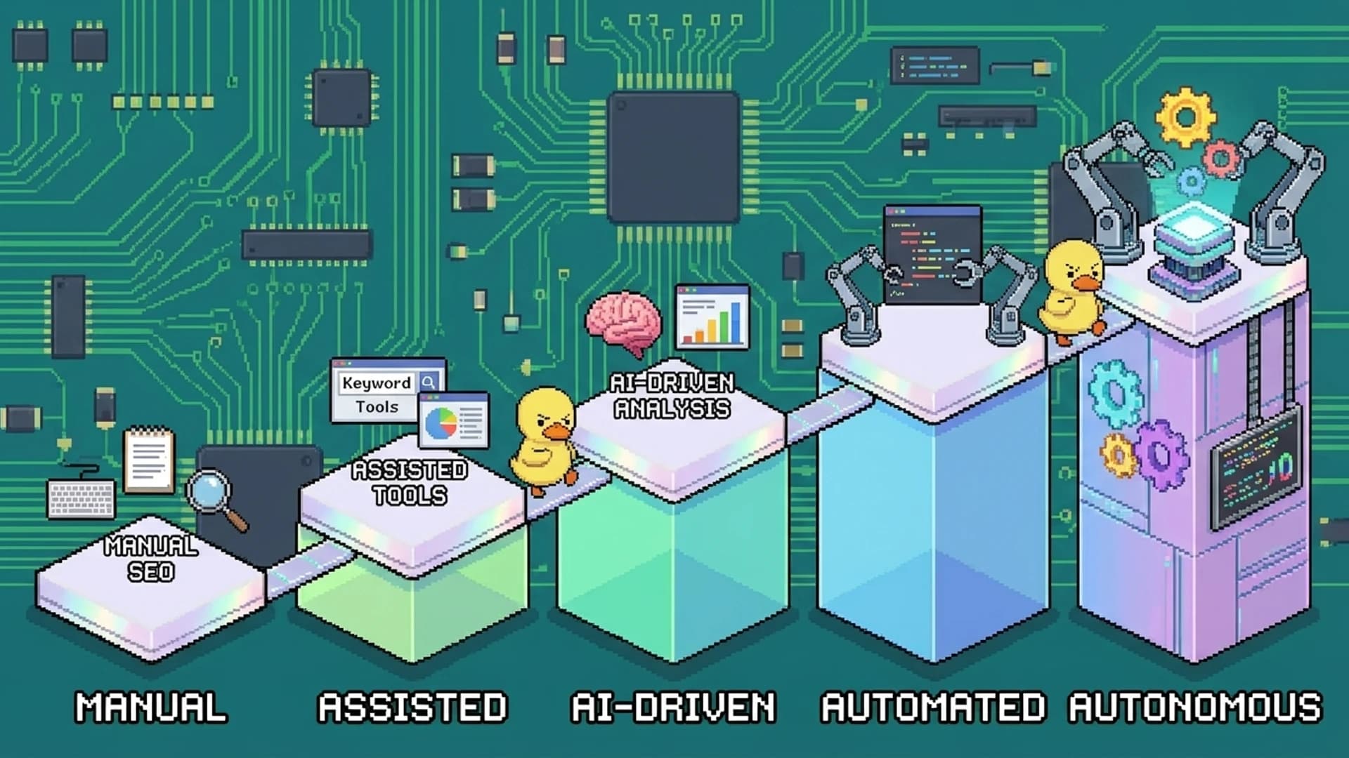 Five distinct groups of AI SEO tools arranged on a spectrum from manual to fully autonomous