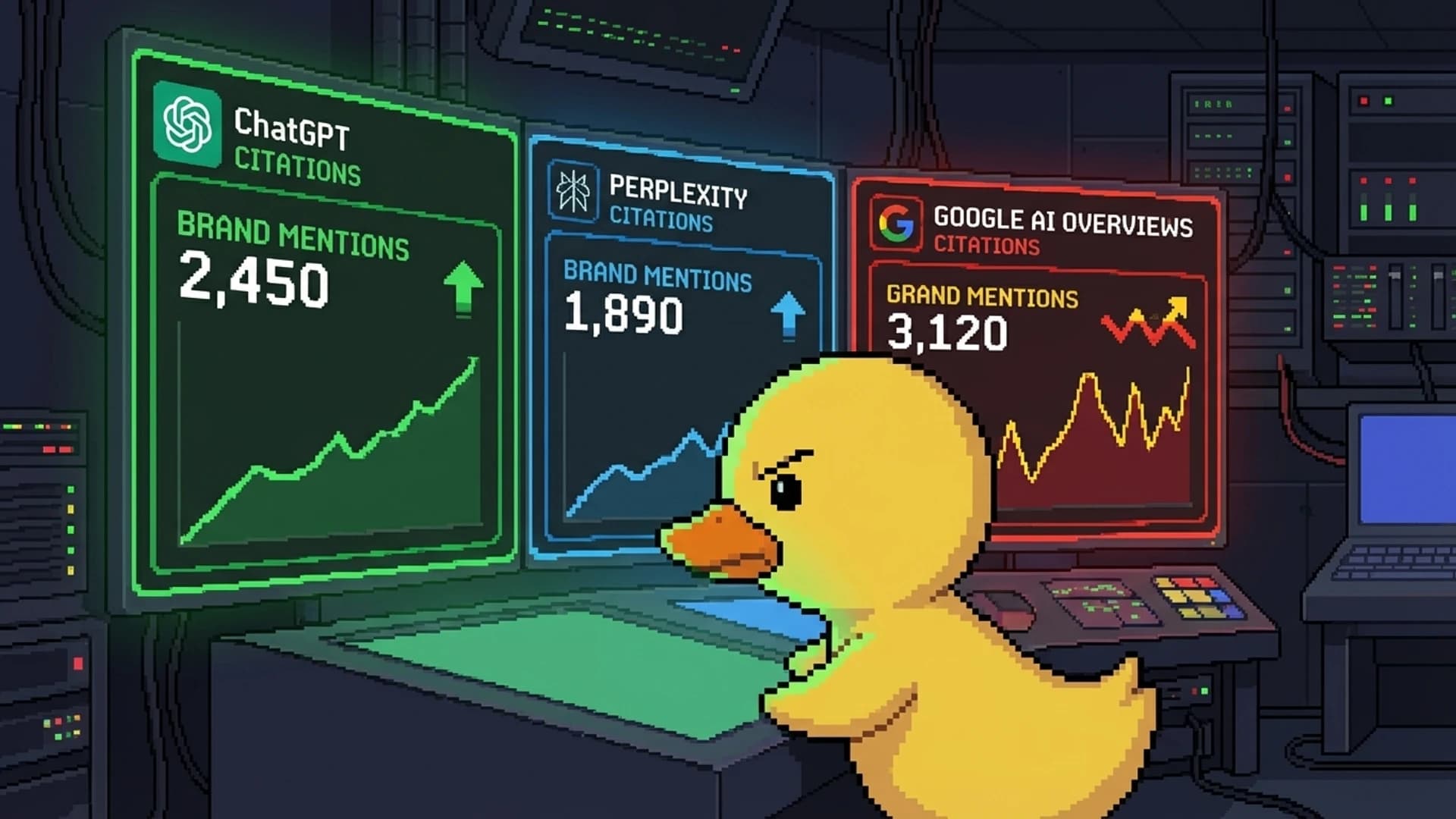 Duck monitoring a dashboard showing AI citation metrics across ChatGPT Perplexity and Google AI Overviews