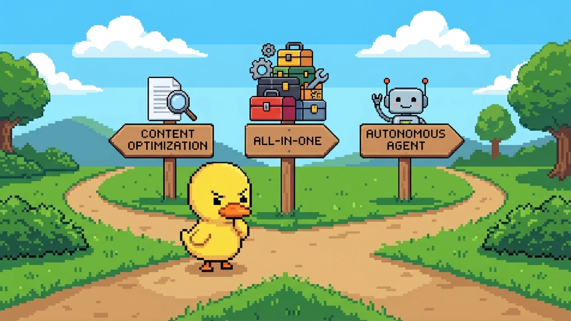 Duck standing at a crossroads with signs pointing toward different AI SEO tool categories