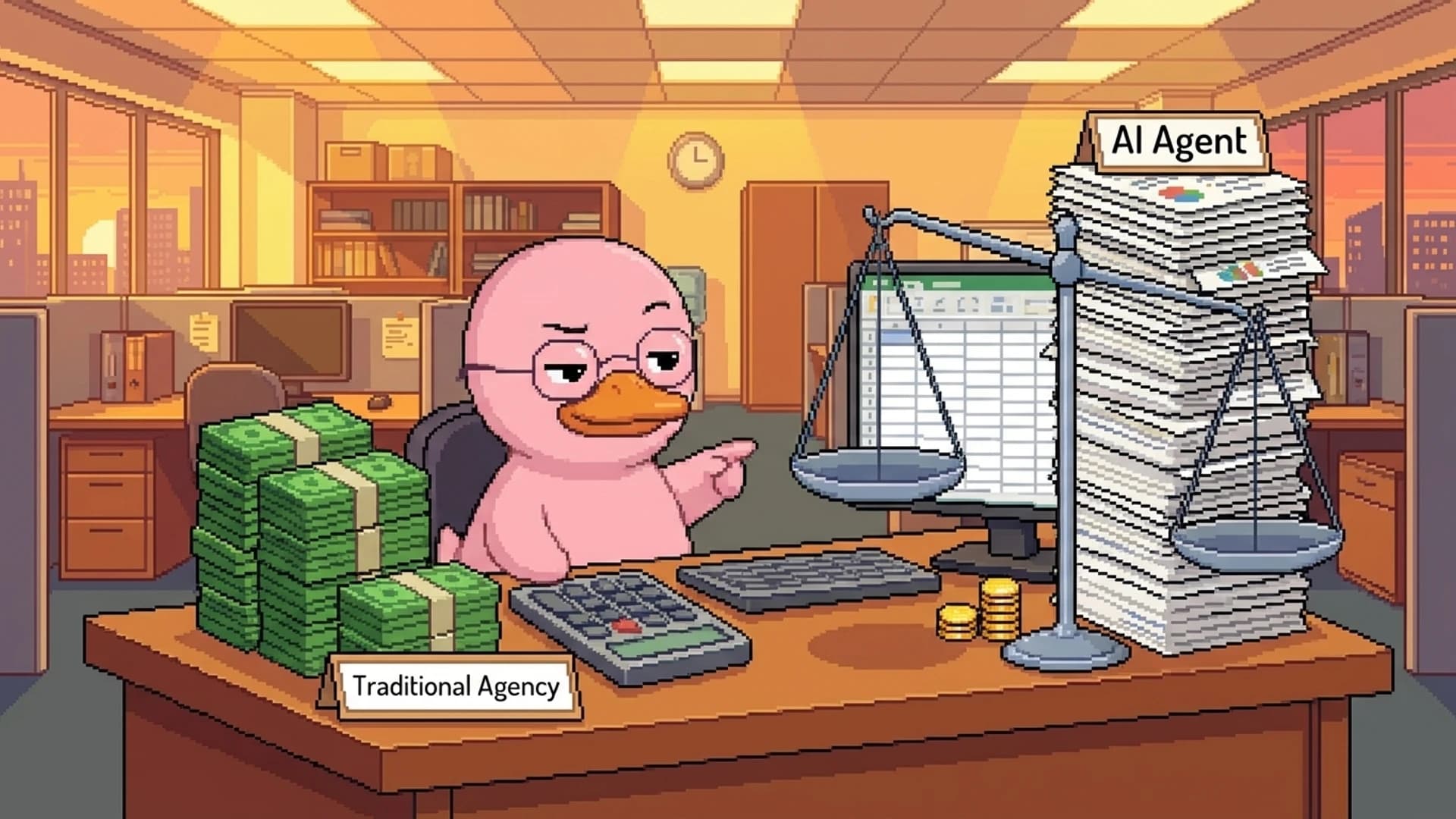 Duck at a desk with a calculator comparing traditional agency costs to automated agent costs